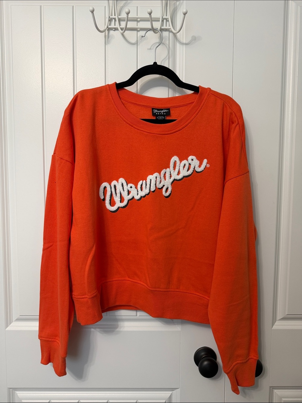 Wrangler Women's Bright Orange Pullover Sweatshirt with White Script Logo EUC